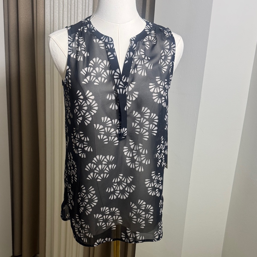 Ecru Navy and White Patterned Blouse